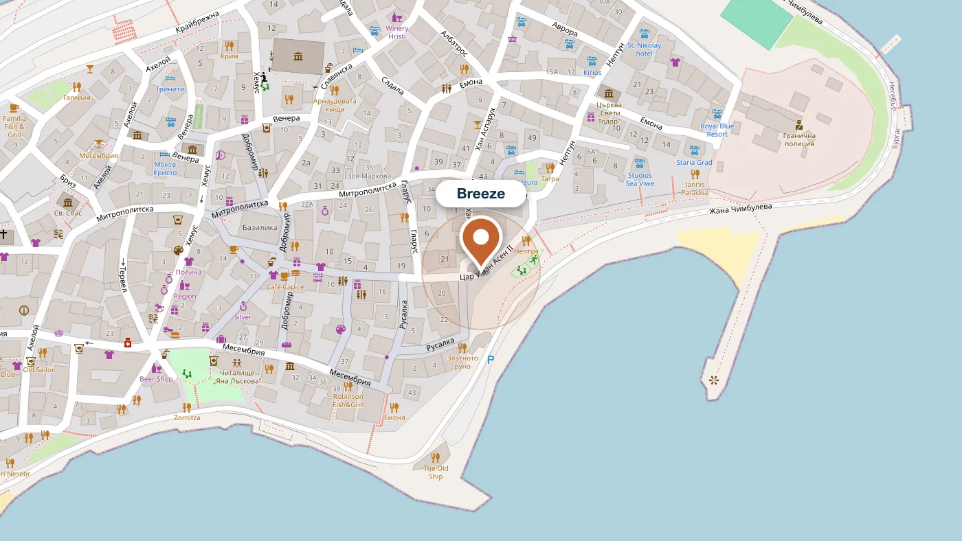 Map of Nessebar Old Town with Restaurant Breeze marked on the seafront edge of the peninsula, on Tsar Ivan Asen II Street.